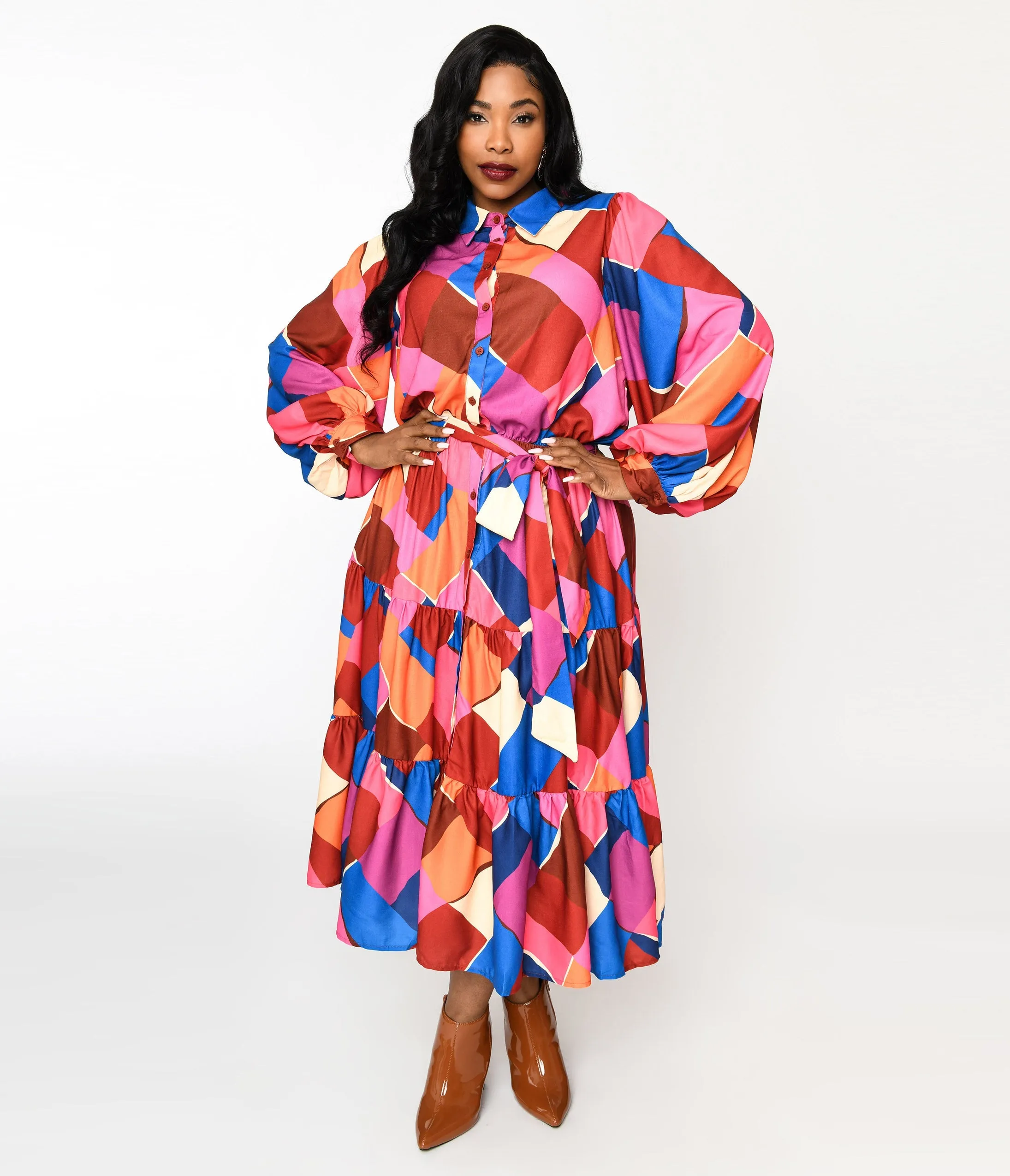 1970s Multicolor Geometric Tiered Maxi Shirt Dress