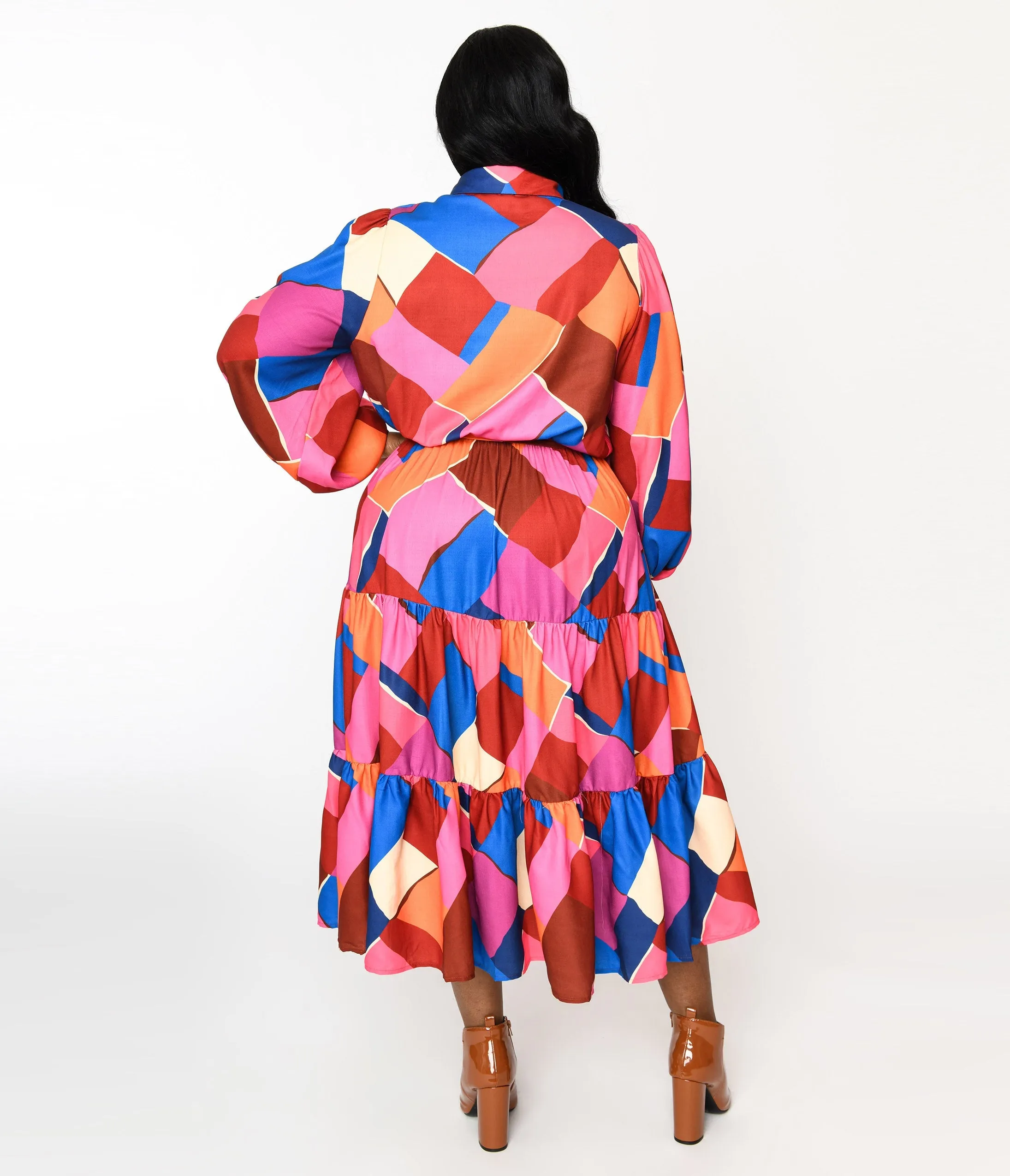 1970s Multicolor Geometric Tiered Maxi Shirt Dress