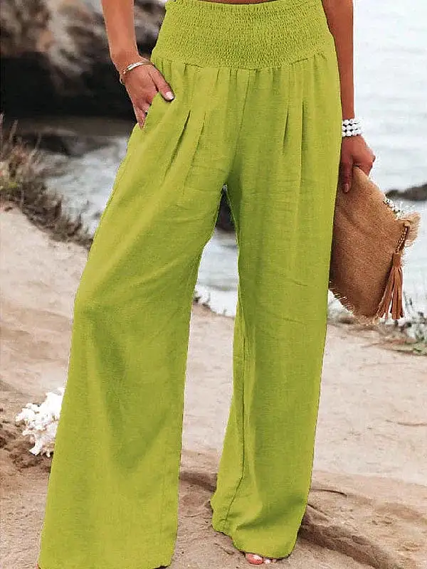 Apple Green and Black Women's Wide Leg Linen Pants