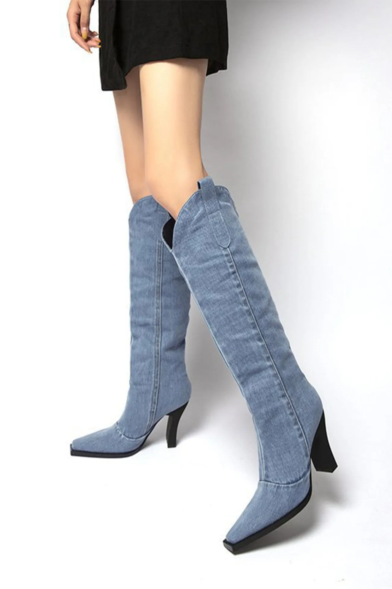 Blue Pointed-Toe Knee-High Denim Boots