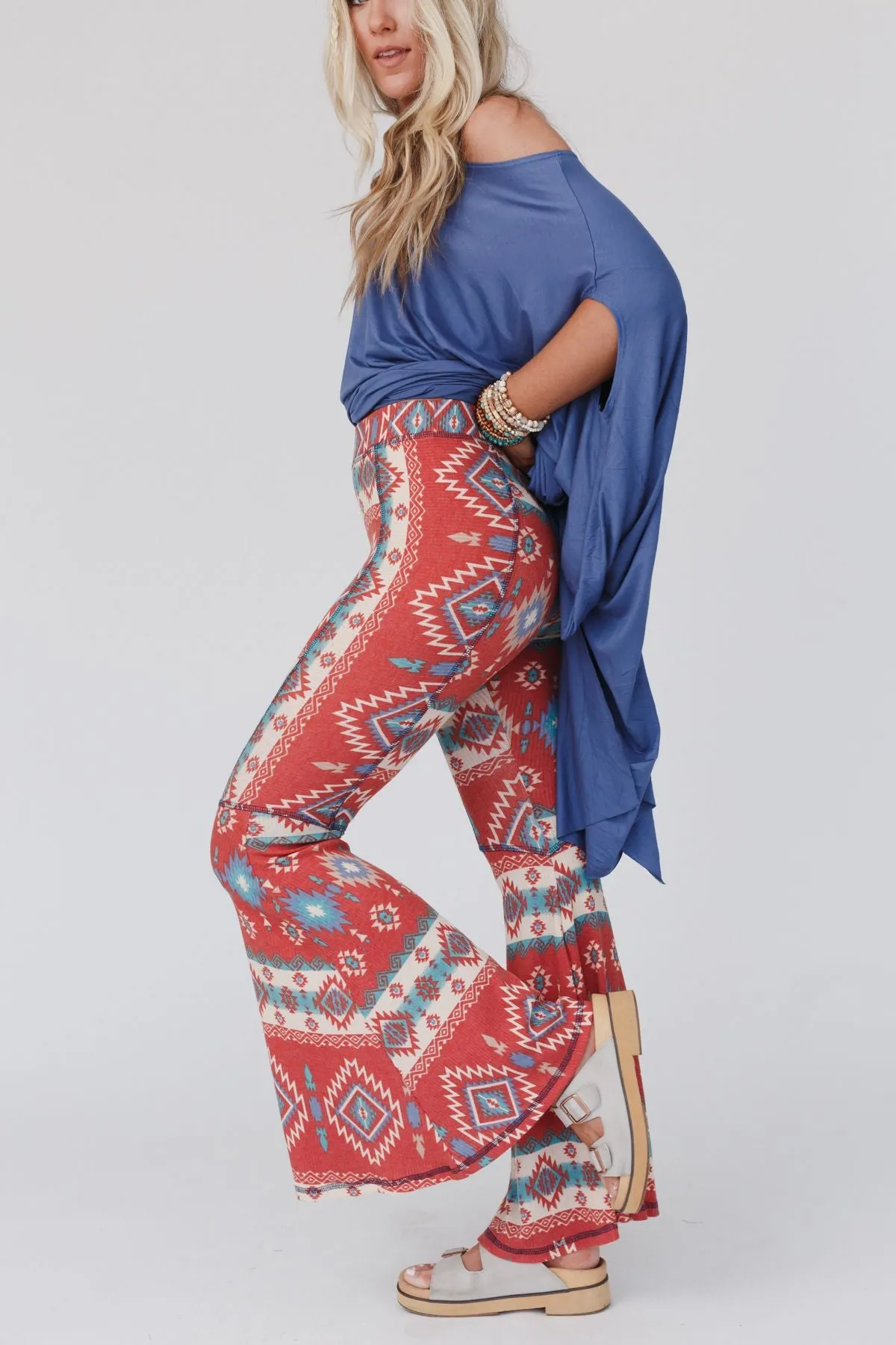 Boho Bliss Ribbed Flare Pants - Rust