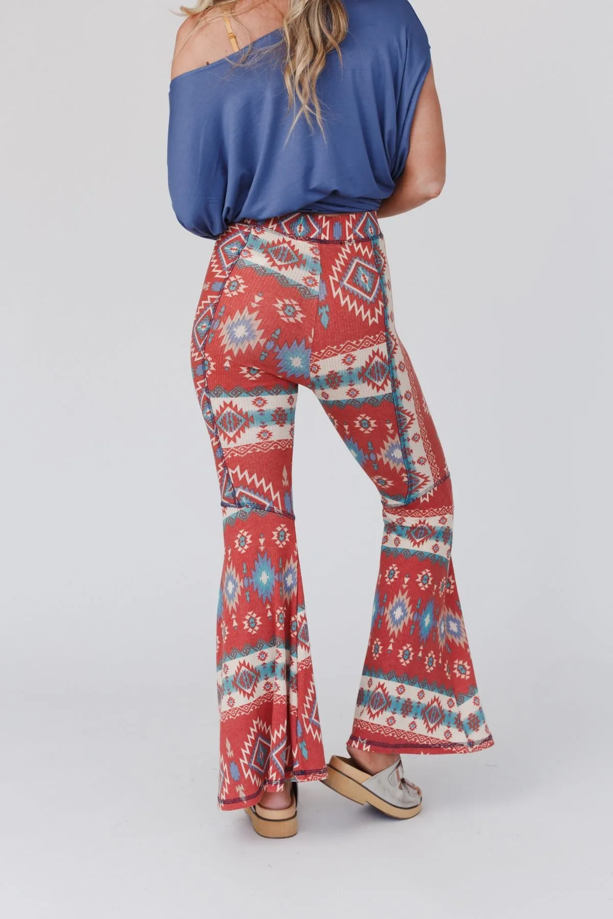 Boho Bliss Ribbed Flare Pants - Rust