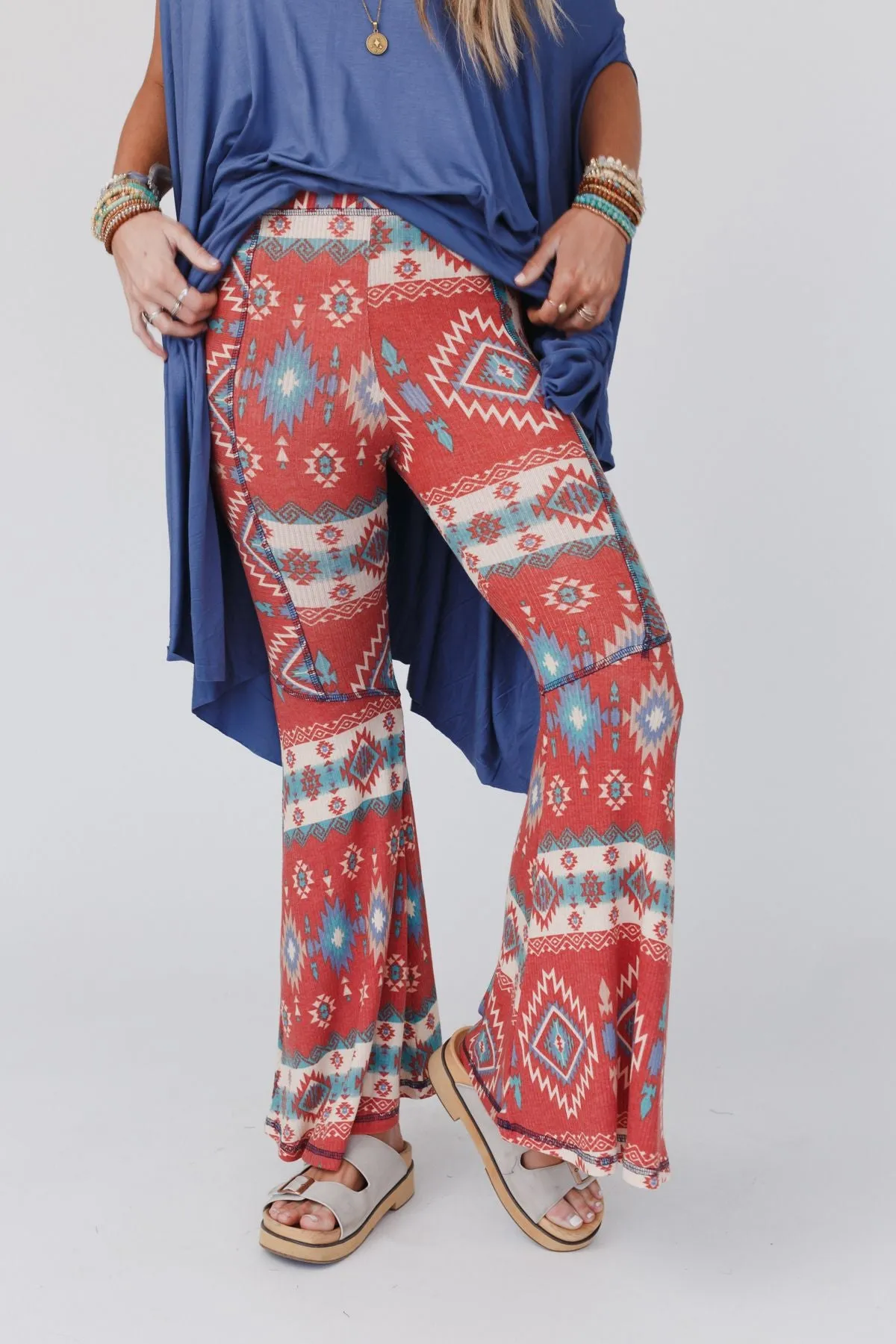 Boho Bliss Ribbed Flare Pants - Rust