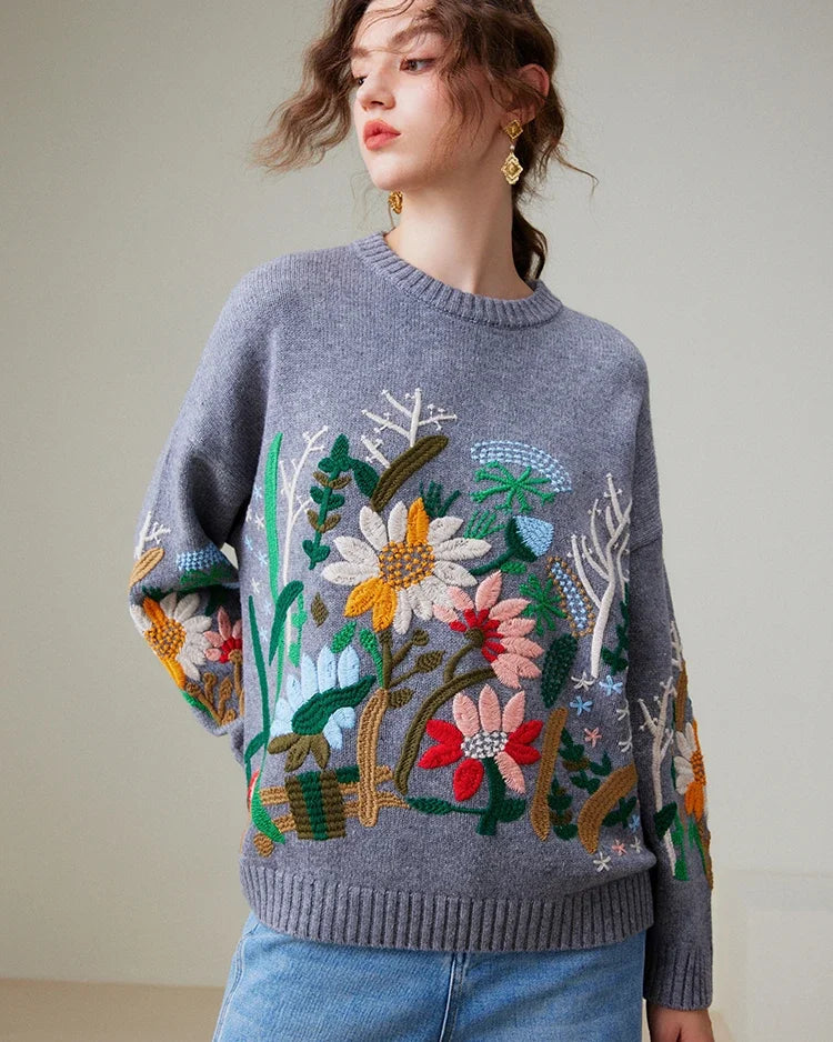 Boho Flower Sweater Casual Spring Pullover Coat O-neck Long Sleeve Sweater Jumper