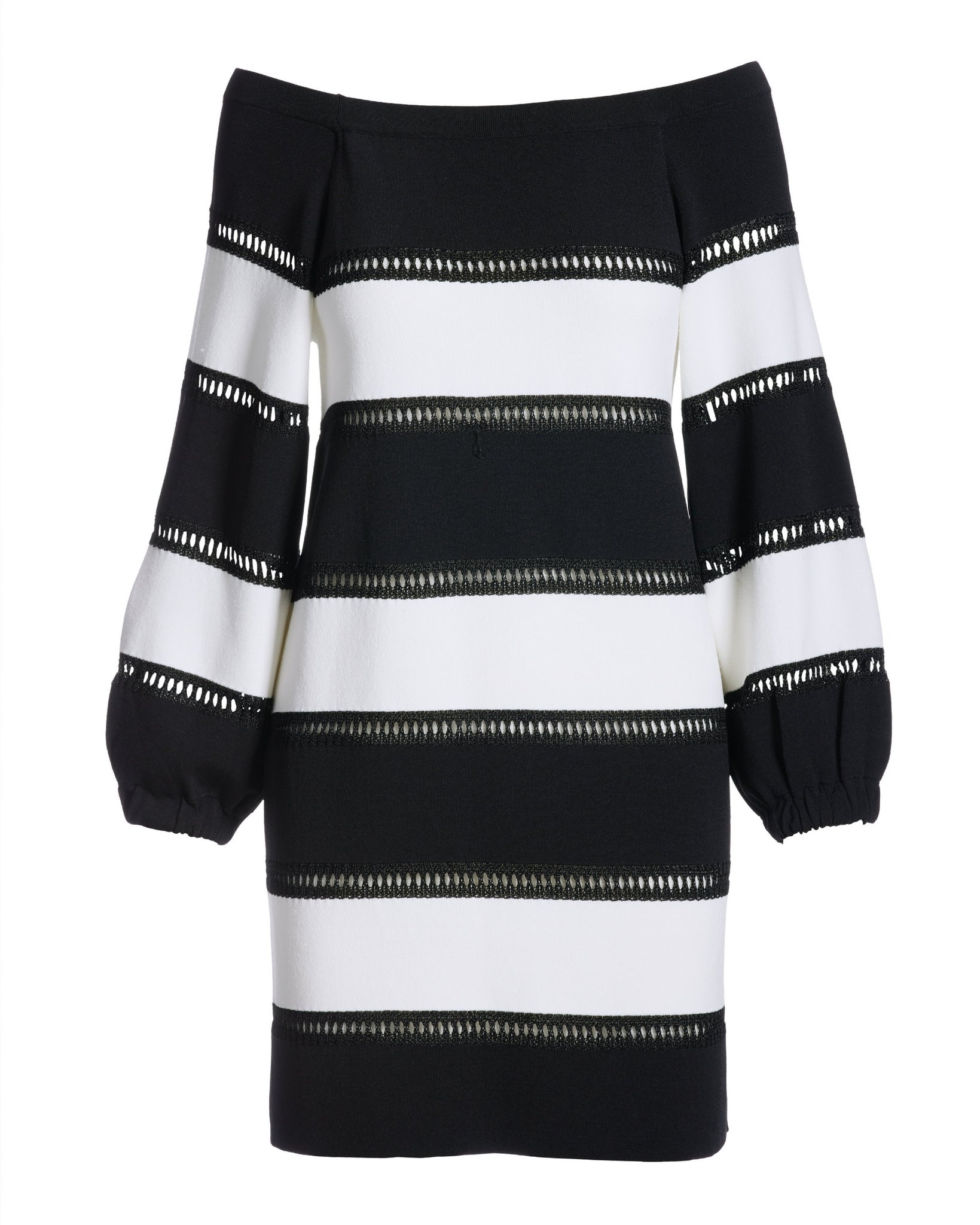 Bold Stripe Off the Shoulder Sweater Dress Black White