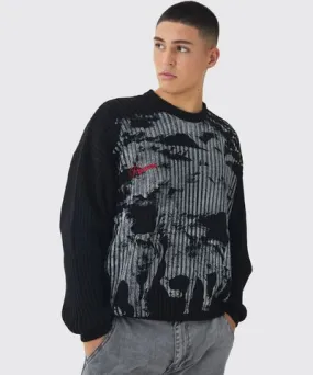 boohooMAN Mens Relaxed Dropped Shoulder Graphic Print Knitted Sweater