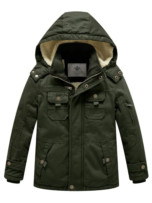 Boy's Winter Sherpa Jacket Heavy Twill Cotton Military Coat