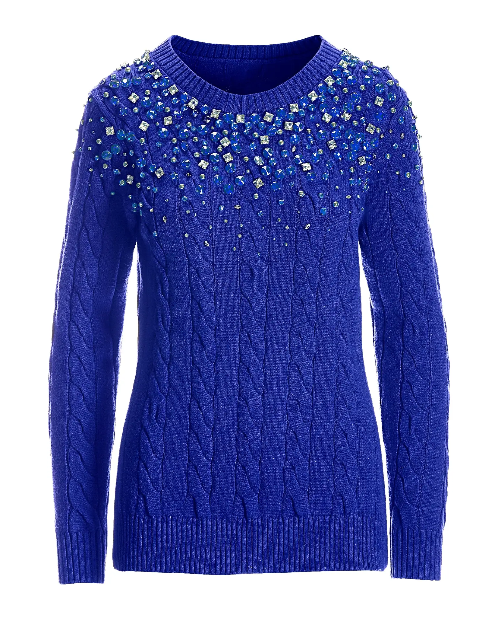 Cable Embellished Crew Neck Sweater Deep Ocean