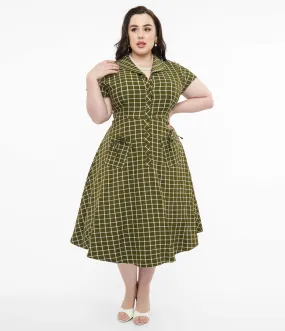 Collectif Plus Size Green & White Checked Liza Acres Swing Dress