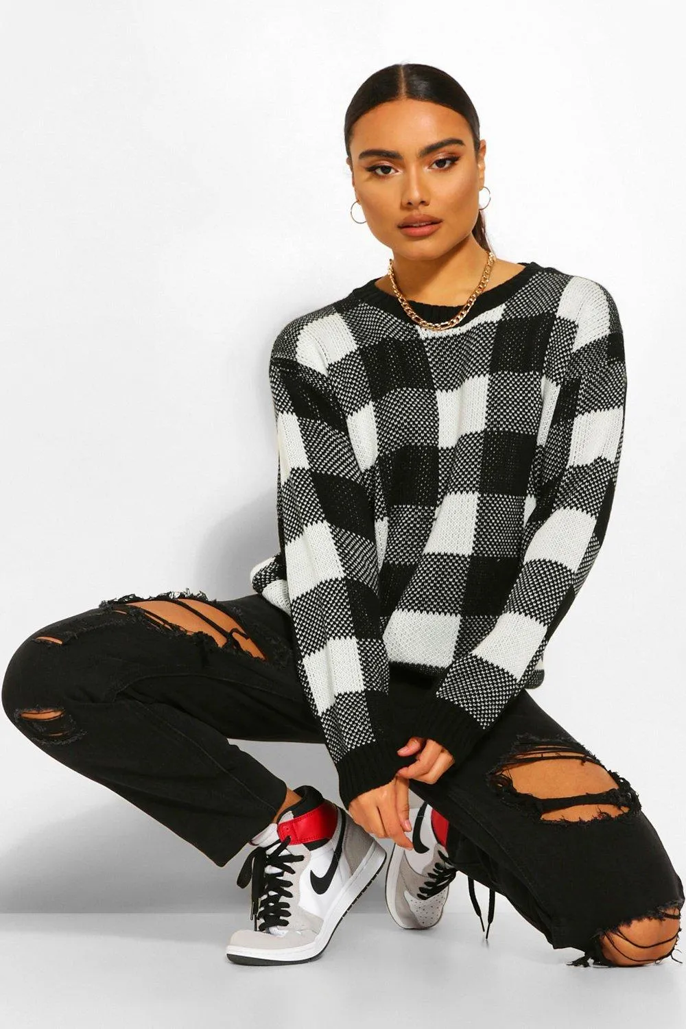 Crew Neck Check Sweater