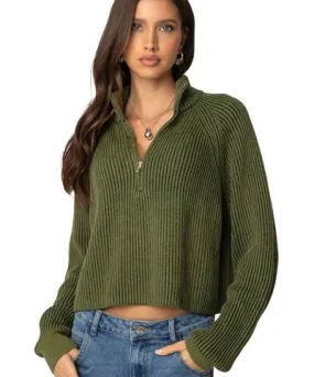 Edikted Women's Cropped Rib Knit Half Zip Sweater