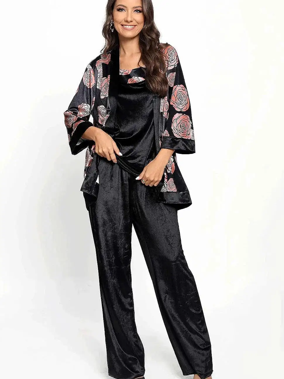 Elegant Pink Floral Patchwork Women's Pants with Round Neck and 3/4 Length Sleeves