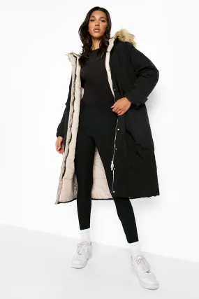 Faux Fur Hood Longline Parka Coat