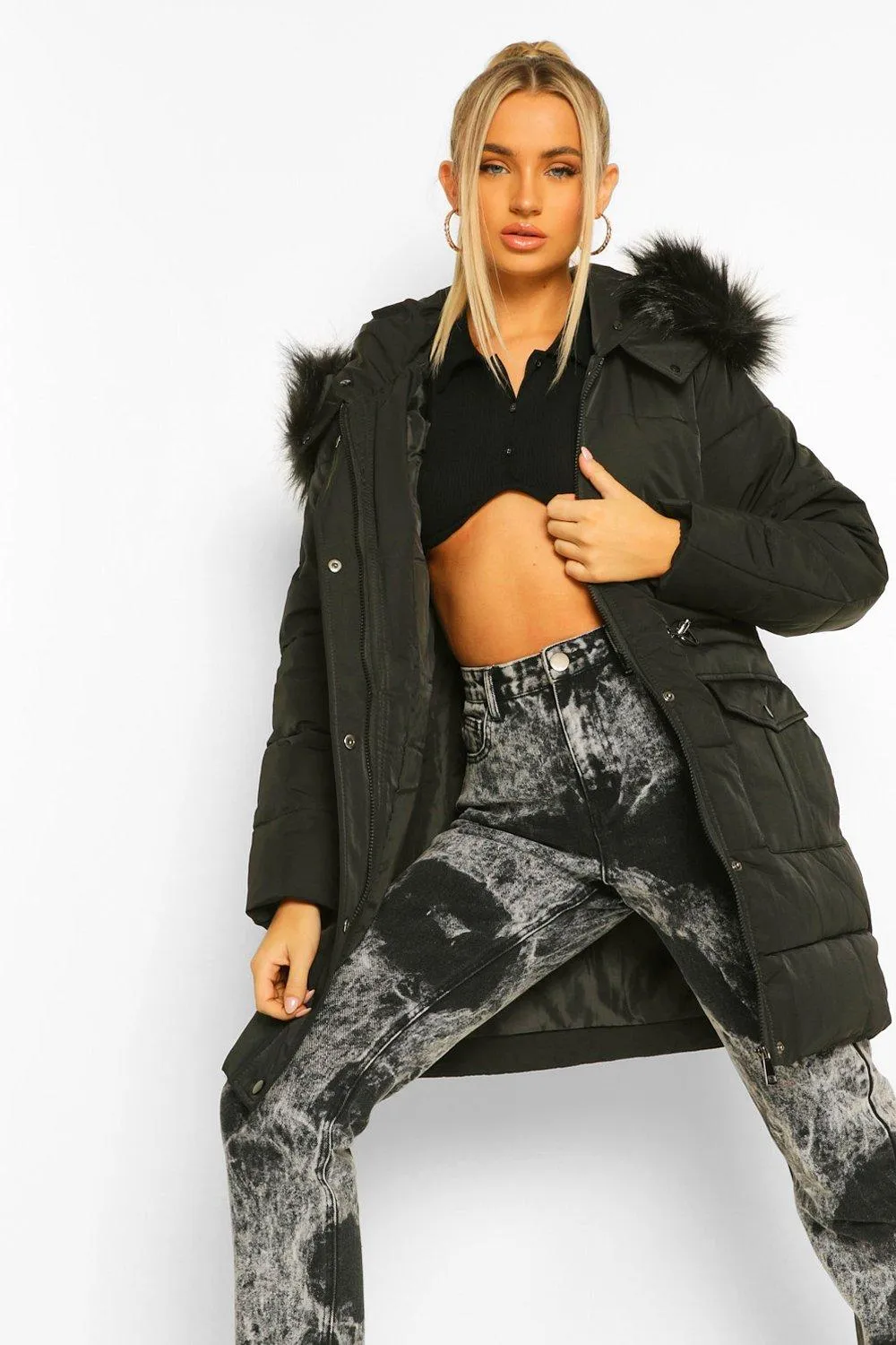 Faux Fur Hood Tie Waist Parka