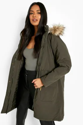 Faux Fur Hood Trim Parka Coat