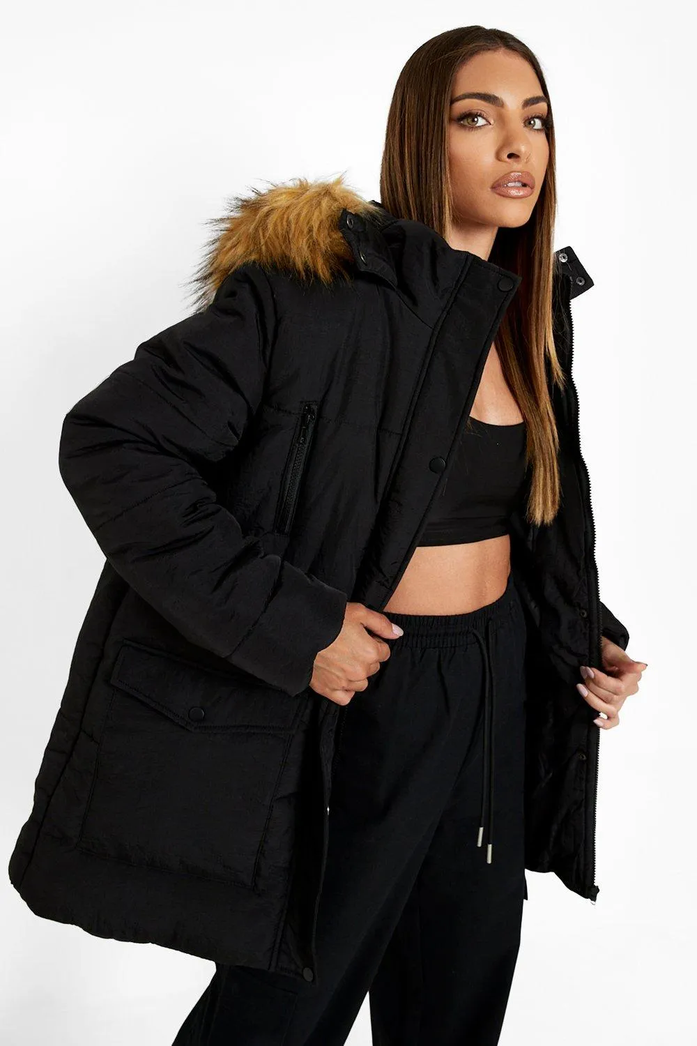 Faux Fur Hooded Parka Coat