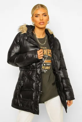 Faux Fur Trim High Shine Parka