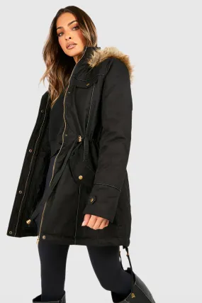 Faux Fur Trim Hood Parka Coat