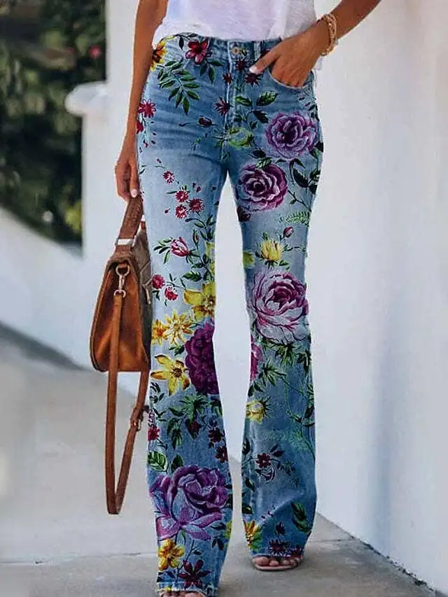 Floral Print Bootcut Flared Pants for Women - Elastic Grey XXL