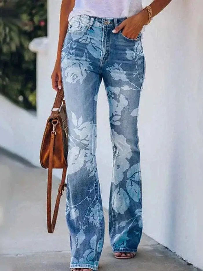 Floral Print Bootcut Flared Pants for Women - Elastic Grey XXL