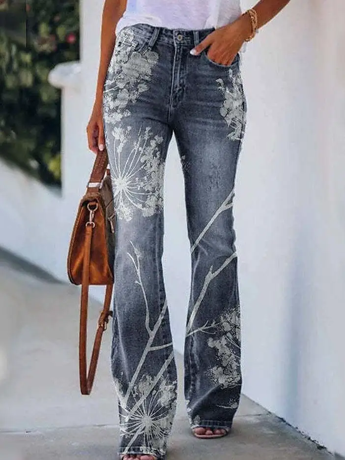 Floral Print Bootcut Flared Pants for Women - Elastic Grey XXL