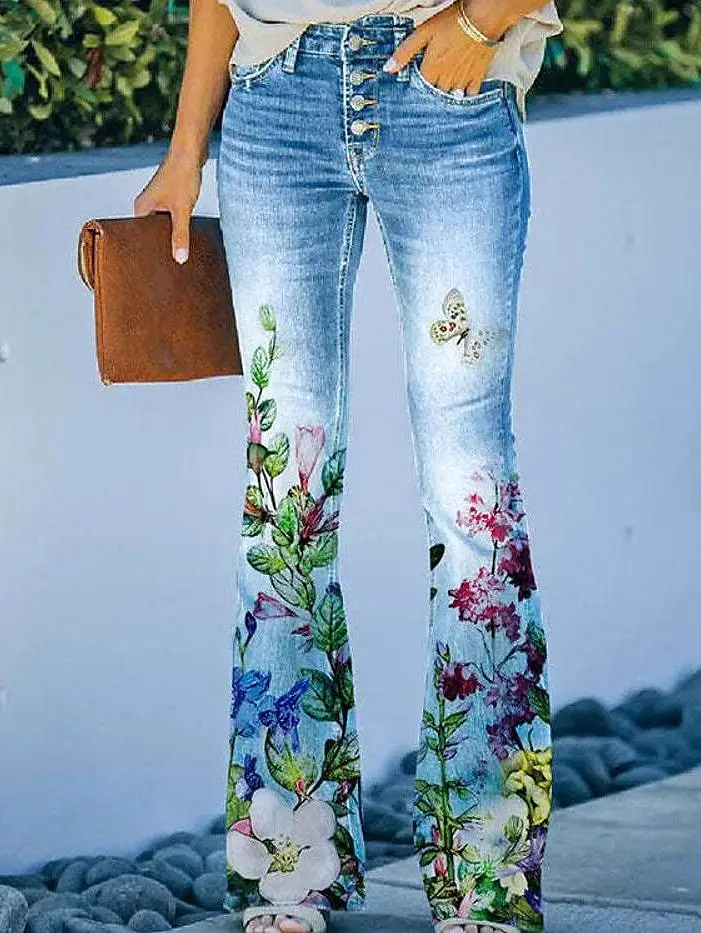 Floral Print Bootcut Flared Pants for Women - Elastic Grey XXL