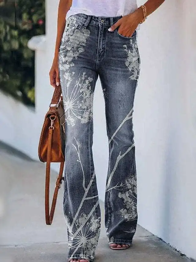 Floral Print Bootcut Flared Pants for Women - Elastic Grey XXL