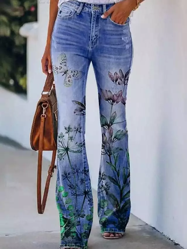 Floral Print Bootcut Flared Pants for Women - Elastic Grey XXL