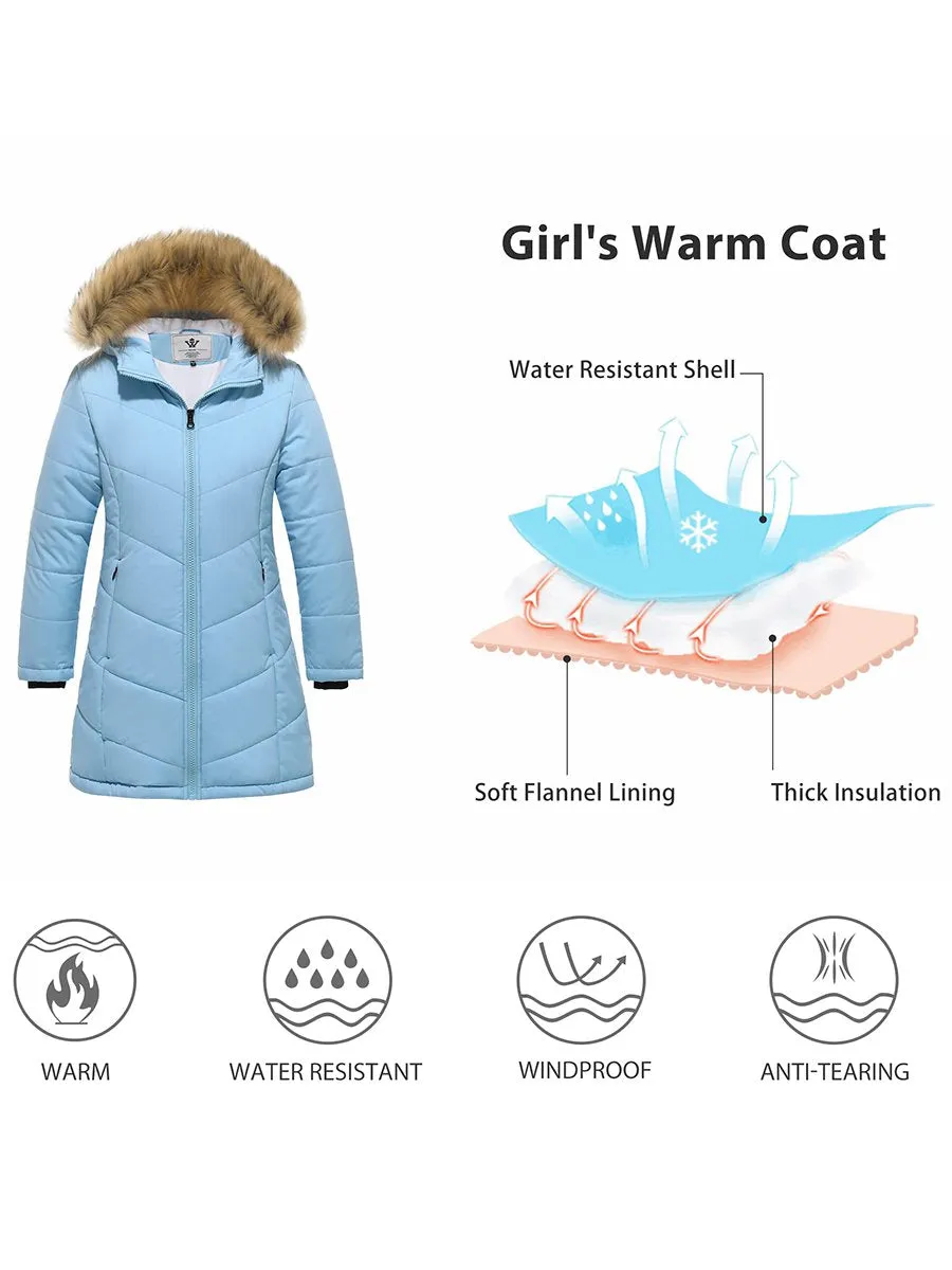 Girls Winter Warm Fleece Lined Hooded Jacket Water Resistant Puffer Coat