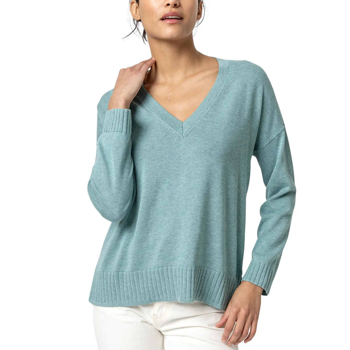 Lilla P Easy Back Seam V-Neck Sweater - Sea Blue