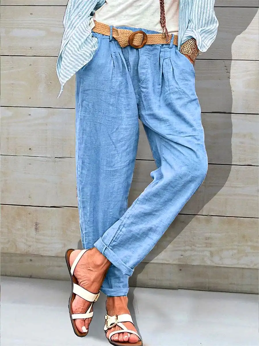 Linen Cotton Blend High Waist Pants with Pockets and Belt, Blue