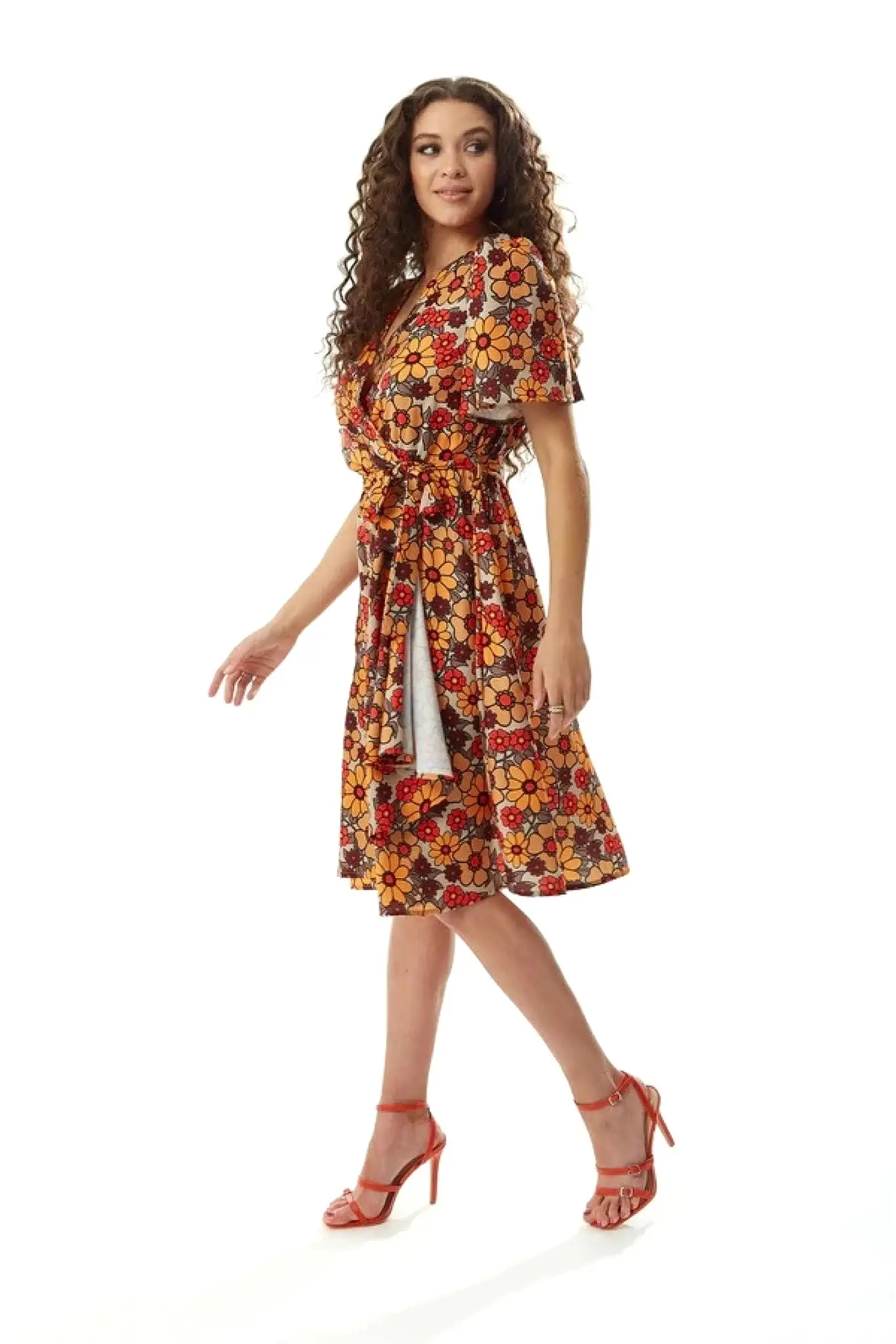 Liquorish Floral Print Midi Wrap Dress In Orange And Red