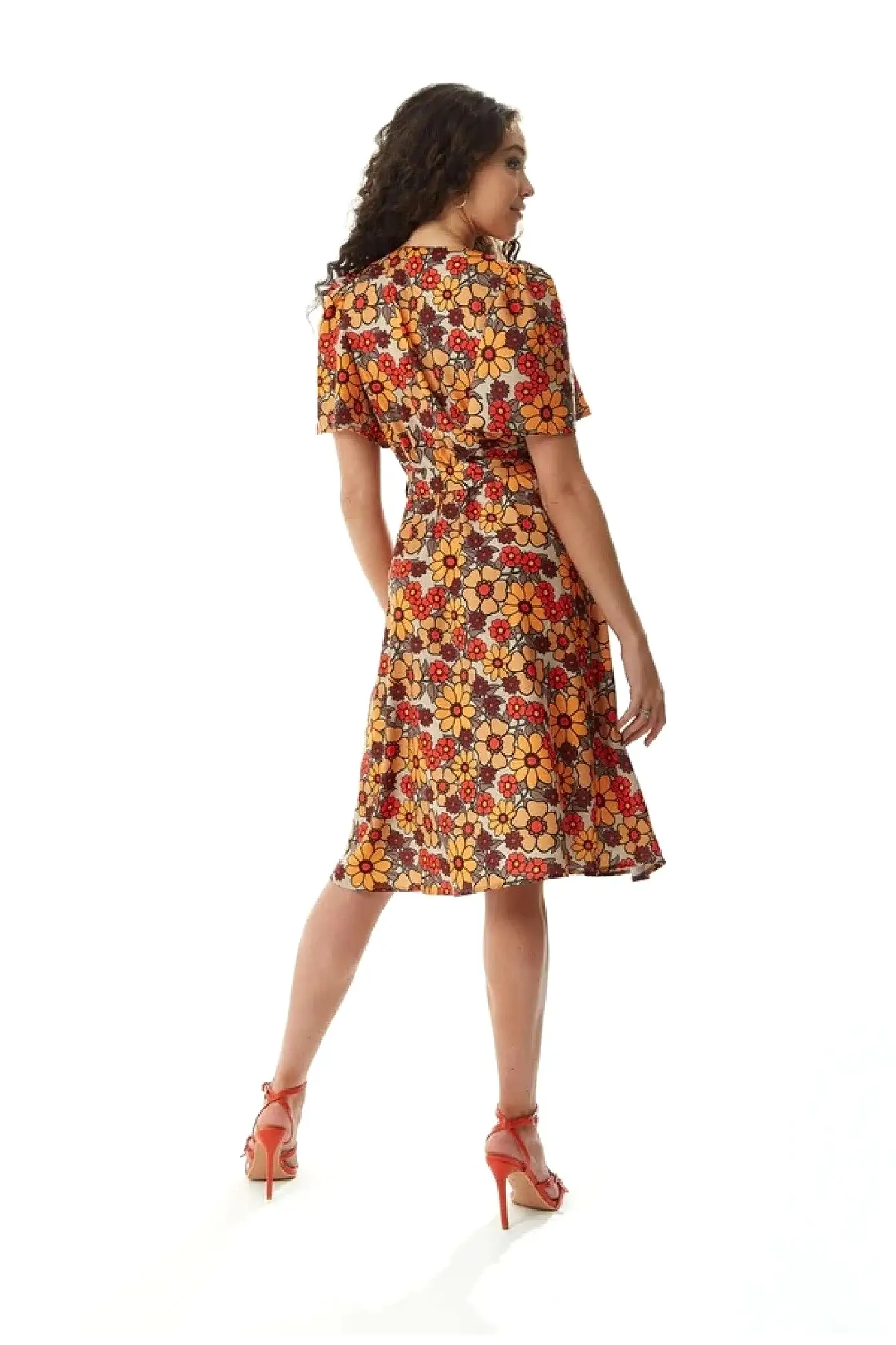 Liquorish Floral Print Midi Wrap Dress In Orange And Red