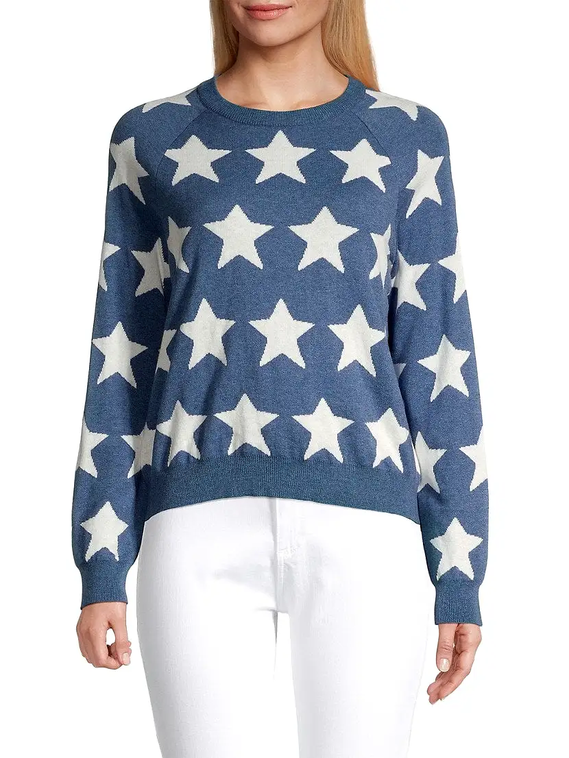 Minnie Rose Cotton Cashmere Star Jacquard Crew Neck Sweater