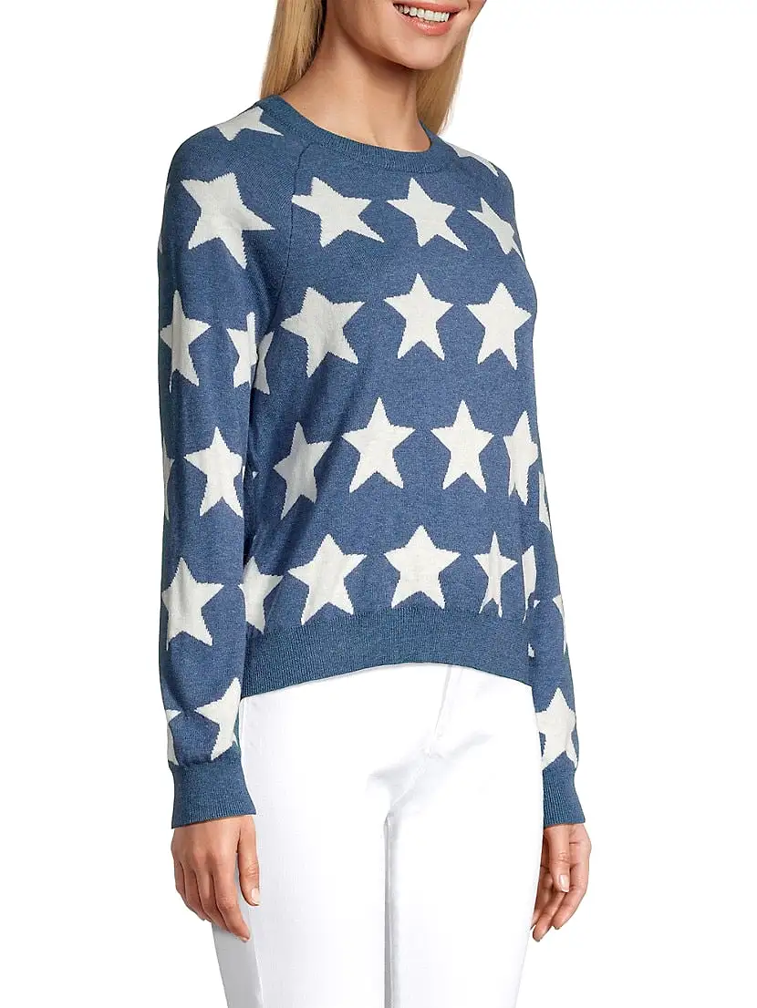 Minnie Rose Cotton Cashmere Star Jacquard Crew Neck Sweater