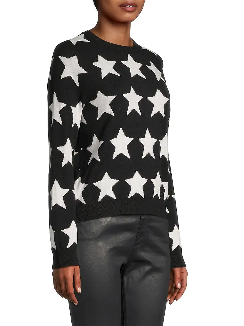 Minnie Rose Cotton Cashmere Star Jacquard Crew Neck Sweater