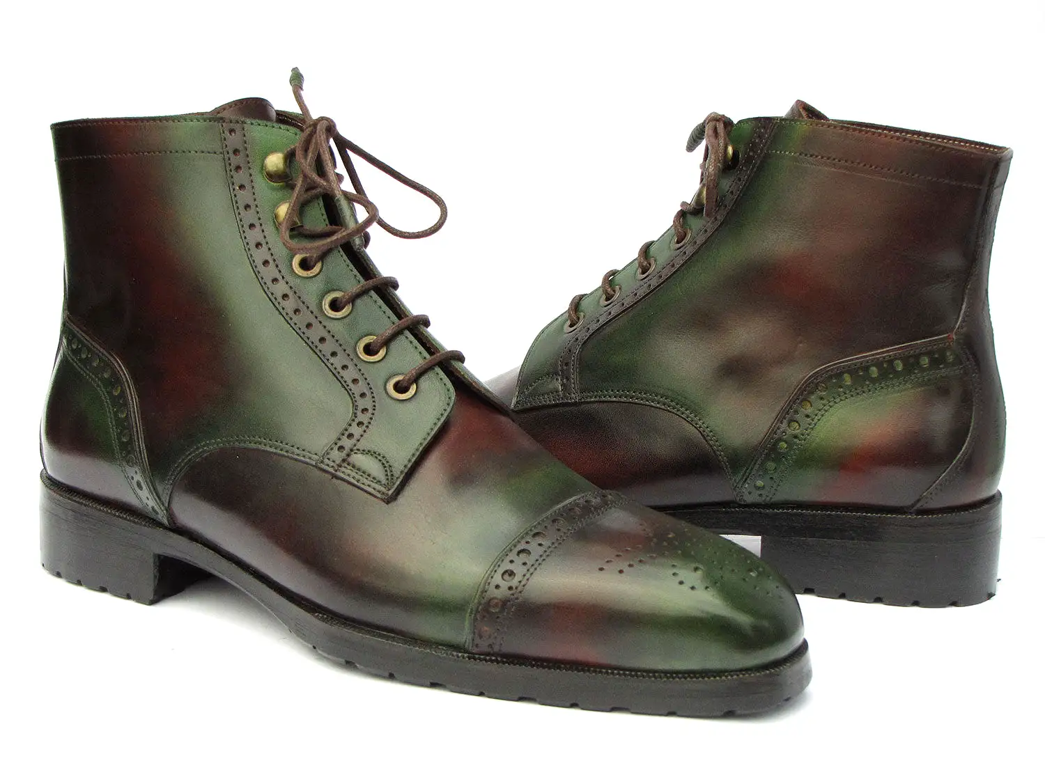 Paul Parkman Green & Brown Hand-Painted Cap Toe Boots BT9566-BRG