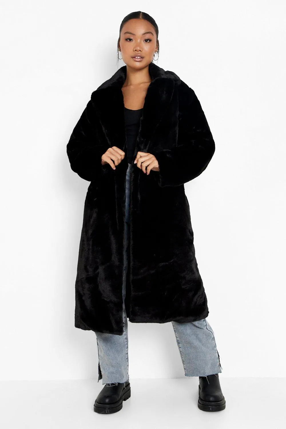 Petite Faux Fur Belted Oversized Coat