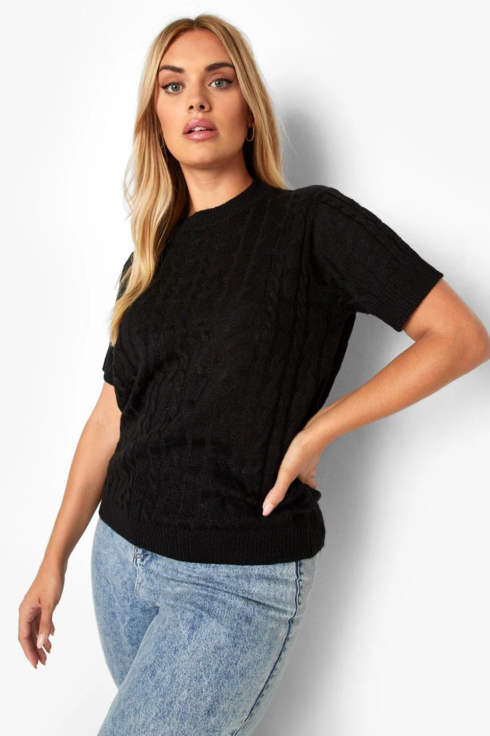 Plus Cable Knit Short Sleeve Sweater