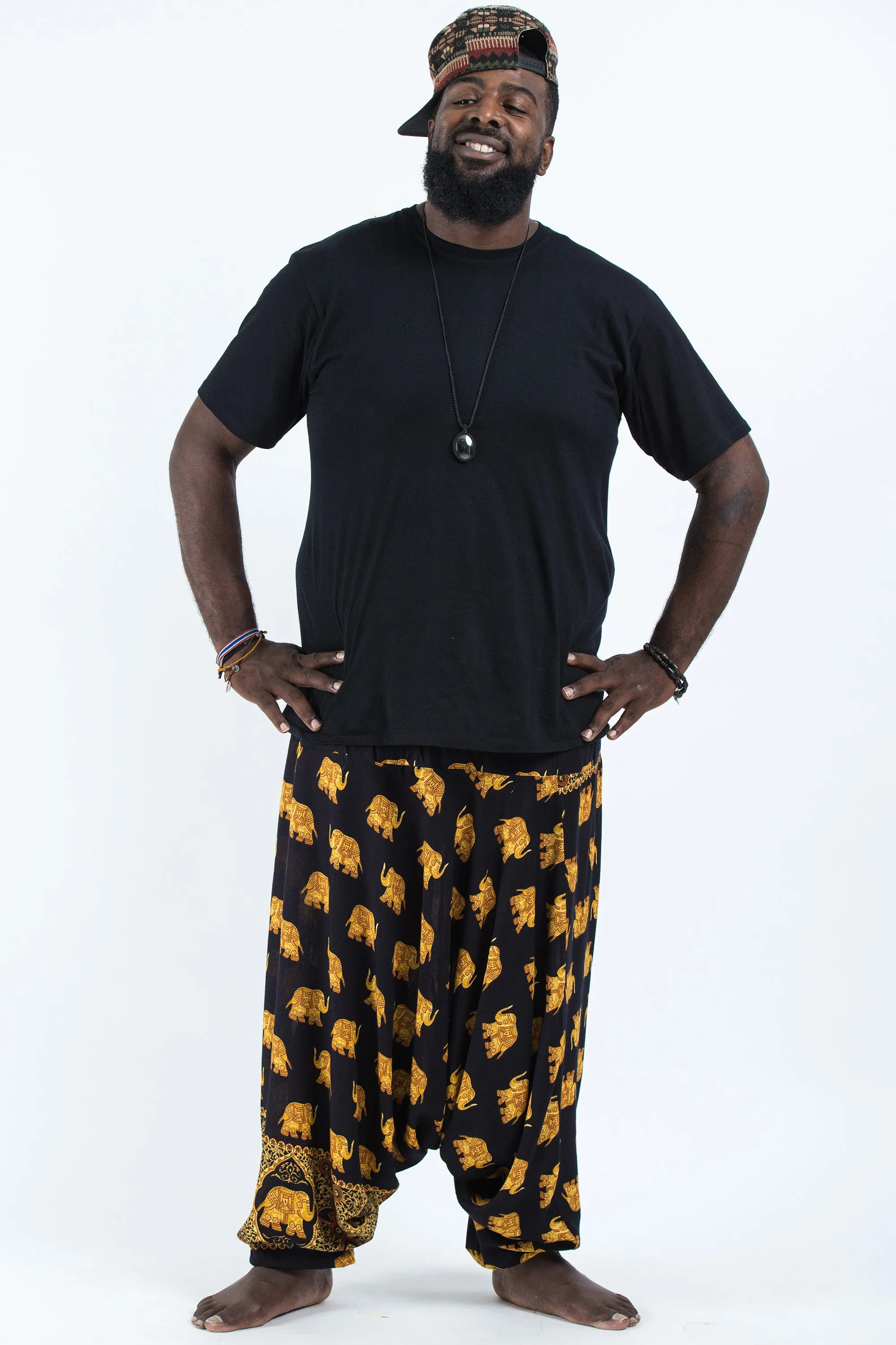 Plus Size Golden Elephant Drop Crotch Men's Elephant Pants in Black