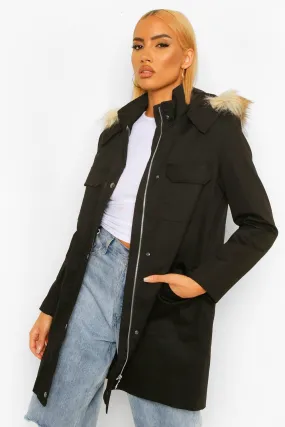 Pocket Detail Faux Fur Trim Parka