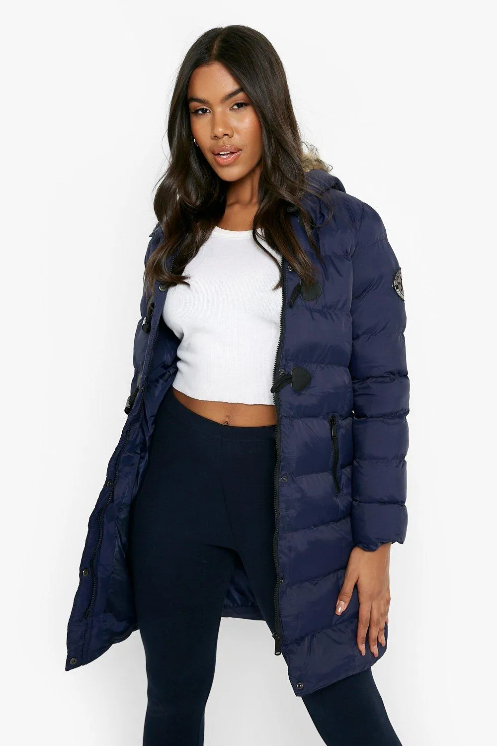 Quilted Faux Fur Hood Parka Coat