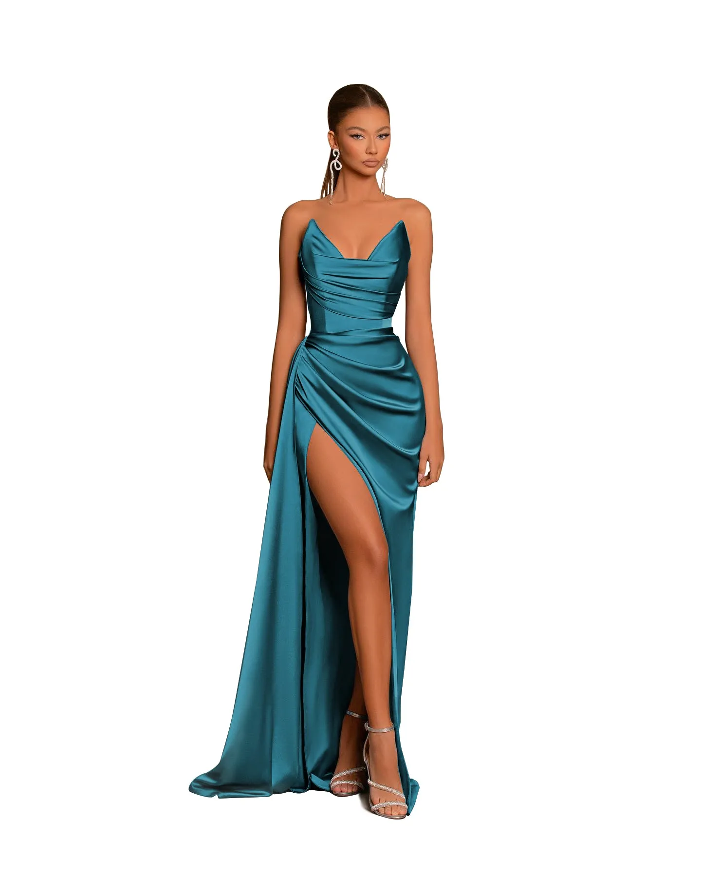 Sexy V-Neck Satin Pleated Side Slit Long Bridesmaid Dress QB3058