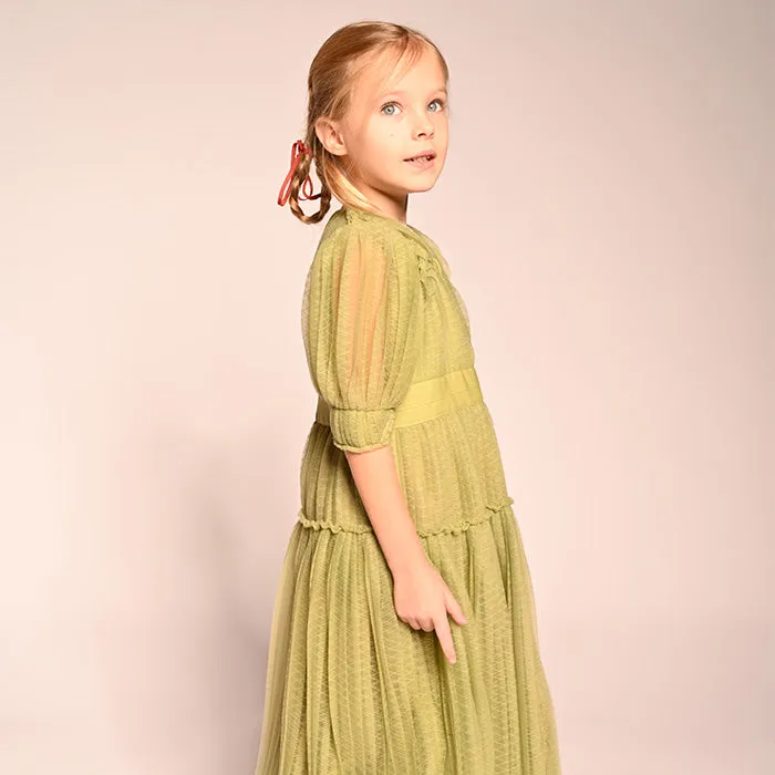 Tia Cibani Child Cornucopia Tiered Tulle Maxi Dress Sage Green