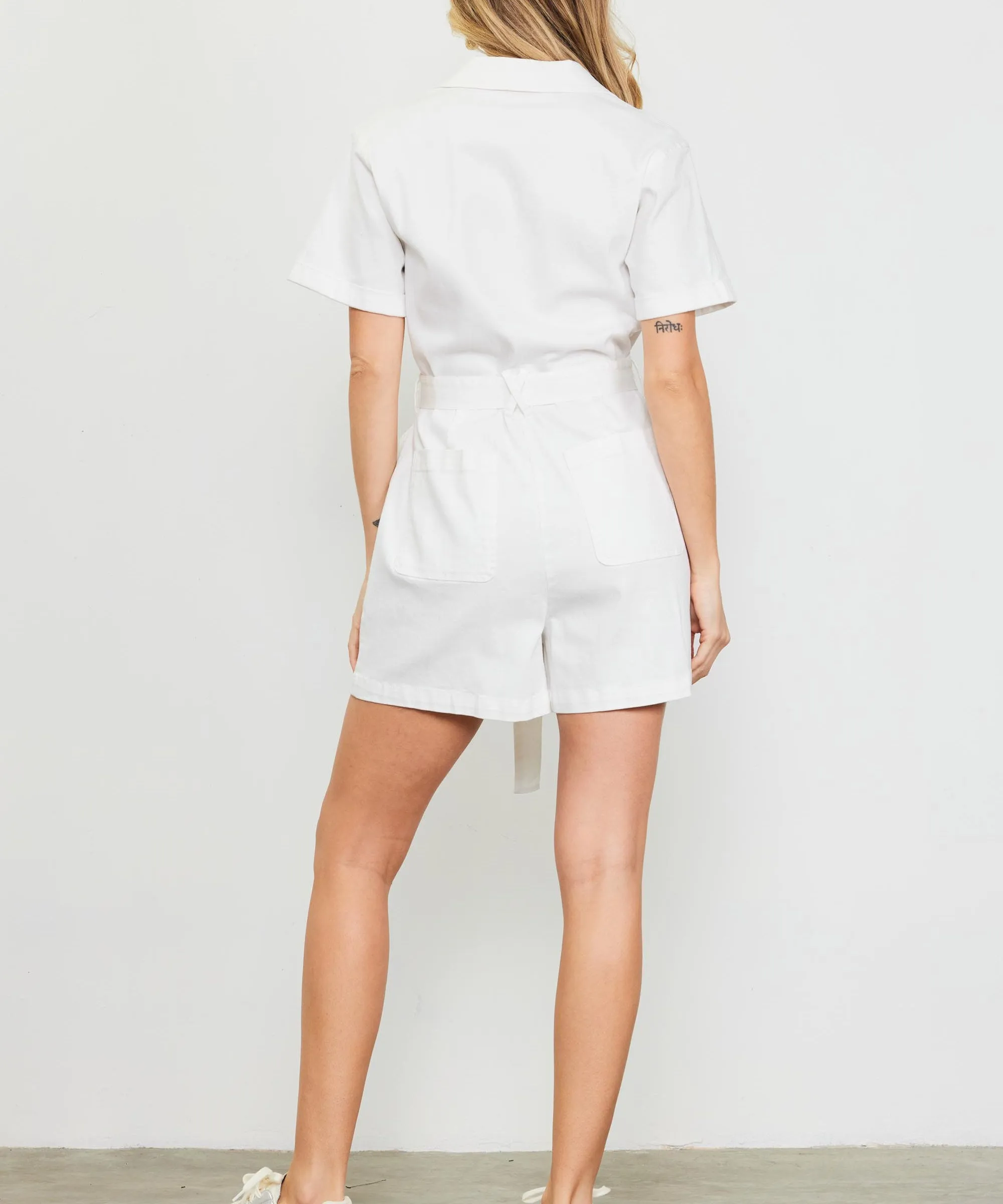 Washed Short Sleeve Utility Romper - White