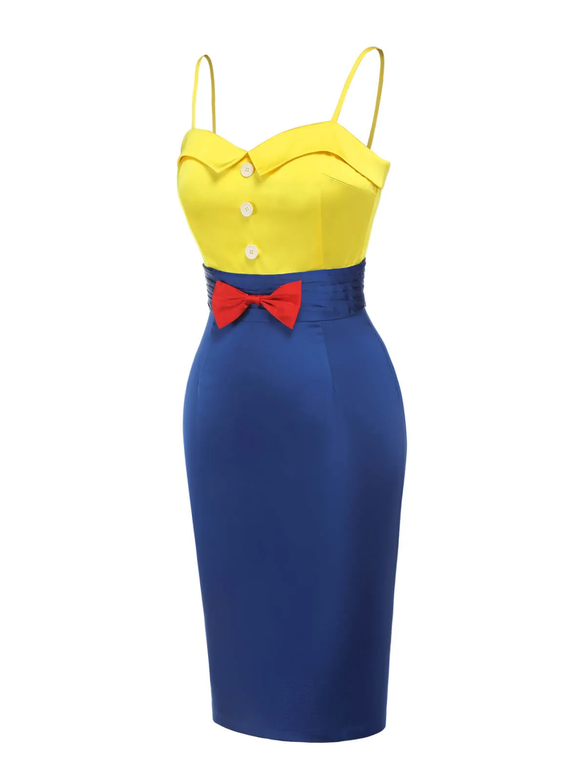 Yellow & Blue 1960s Bow Strap Pencil Dress