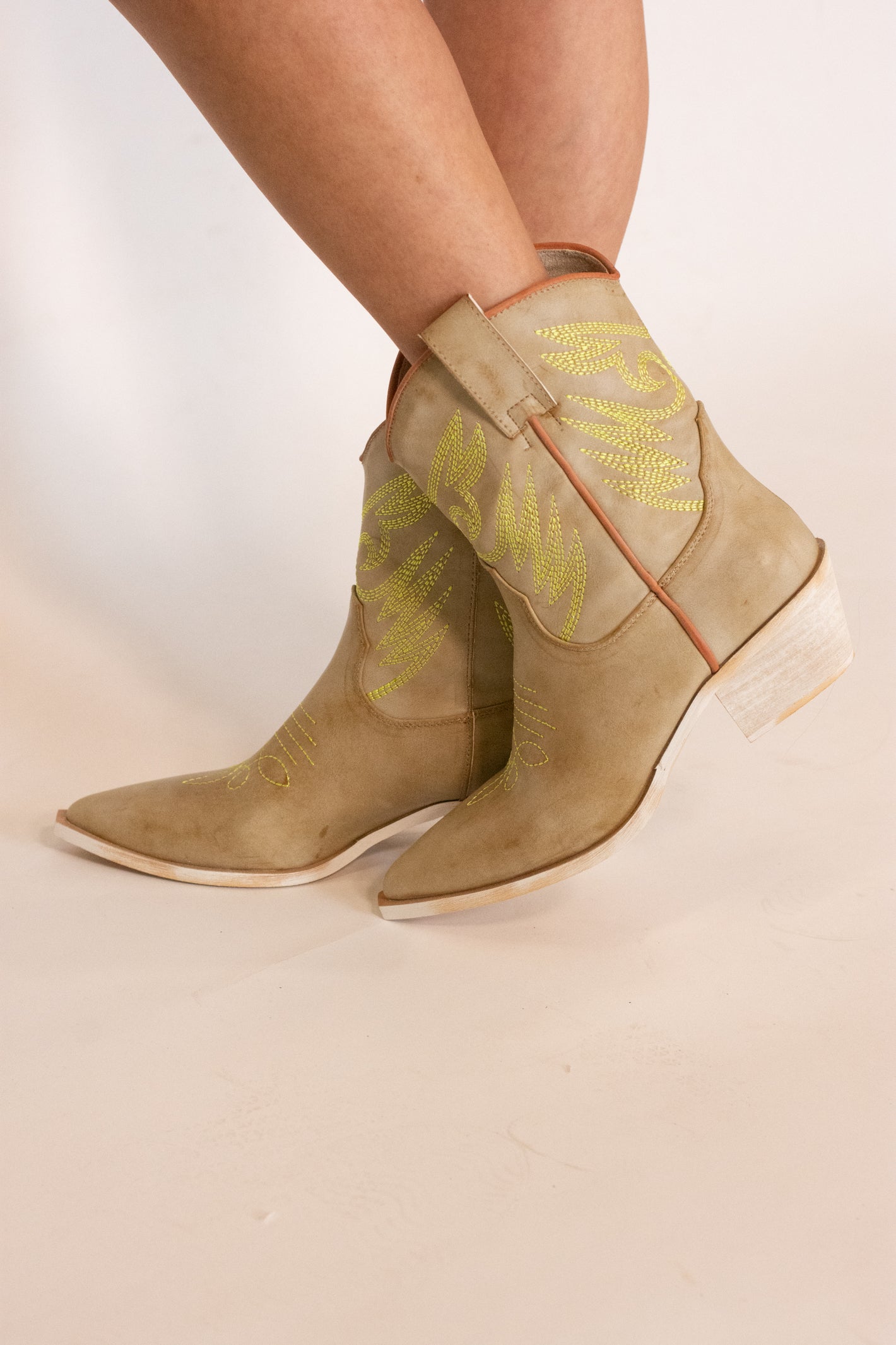 Zahara Neon Yellow Stitching Short Cowgirl Boot