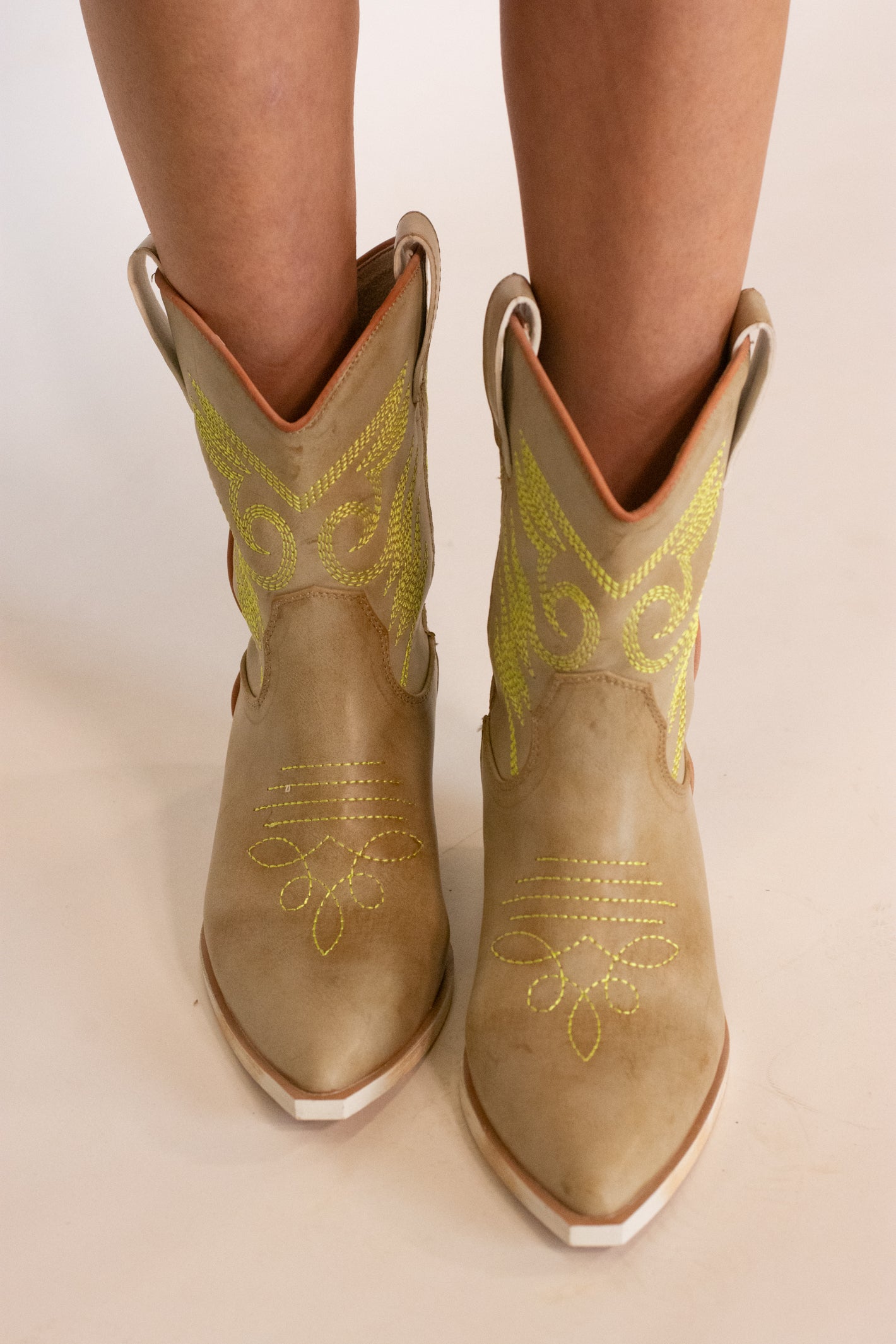 Zahara Neon Yellow Stitching Short Cowgirl Boot